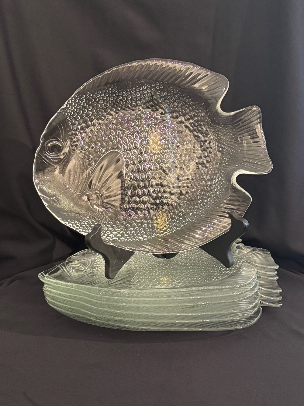 Vintage Arcoroc France Clear Glass Fish Shaped Dinner Plates Set of 7